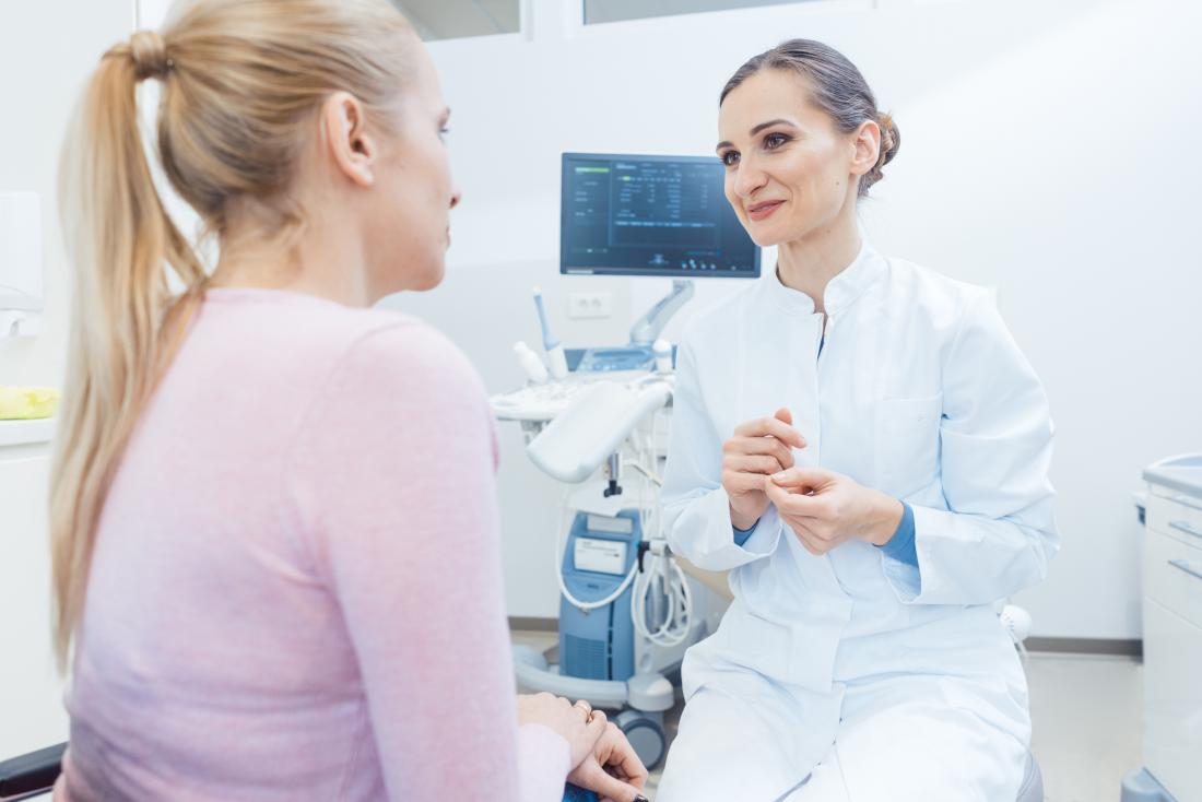 Woman at gynecologists office talking to doctor