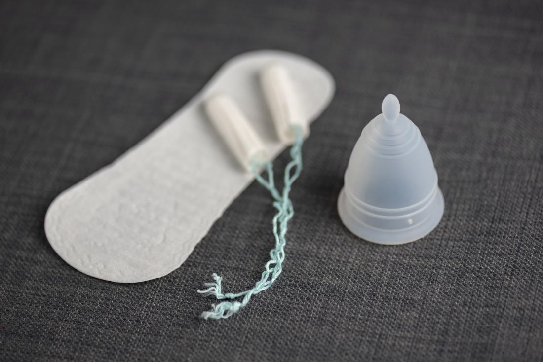 Period pad or panty liners, tampons, and menstrual cup.
