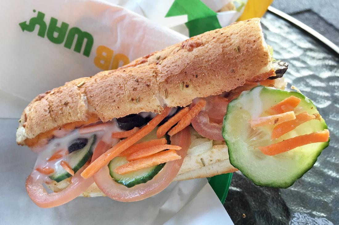 Subway sandwich with vegetables and cheese
