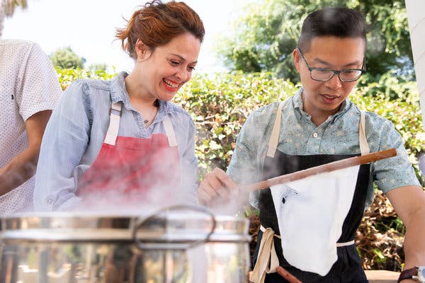 Hong Pham, right, hosted a noodle-making class at his home in Pasadena, Calif., where the pastry chef Rose Lawrence learned the technique.