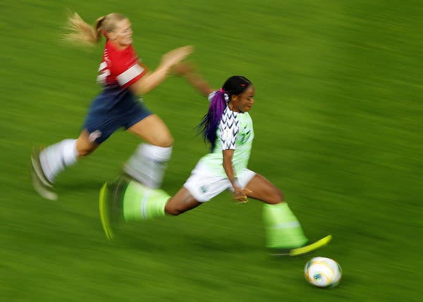 Francisca Ordega, right, of Nigeria playing against Norway this month.