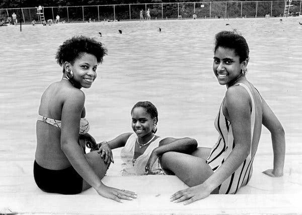 From left, Vanessa Caine, 18, Nicole Poteat, 17, and Dettaree Carney, 16, at the Saxon Woods Swimming Pool in 1987. Ms. Poteat, a recent graduate of the New Rochelle Ursuline School, said of her bathing suit: &ldquo;If the sisters who teach at the school saw it they&rsquo;d probably go crazy.&rdquo;