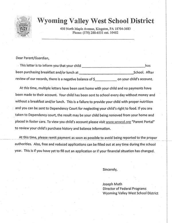A warning letter that was sent to those whose child owed $10 or more for school meals.