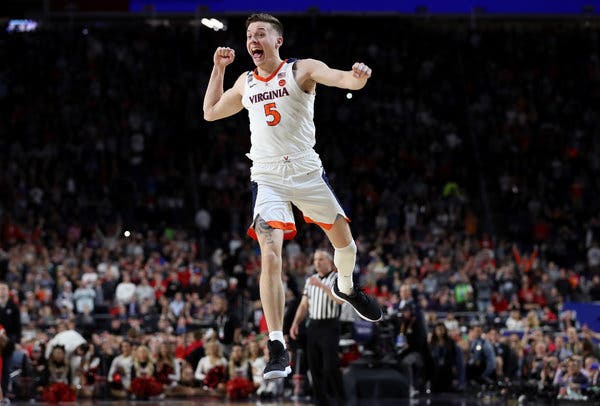 Kyle Guy, who was drafted by the Sacramento Kings, rejoices after the University of Virginia won the N.C.A.A. championship, defeating Texas Tech, 85-77, in overtime. After their wedding, he will be reporting to the Kings for training camp, while Ms. Jenkins will head off to the University of Notre Dame for law school.