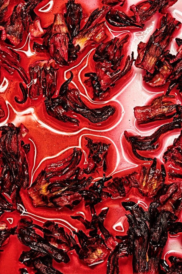 Dried hibiscus soaking in water.