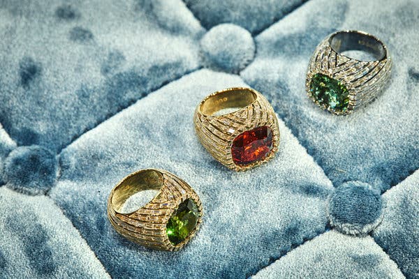 Solitaire rings from Gucci’s first haute jewelry collection, in yellow and white gold with tourmalines of about 10 carats each and, in the center ring, a 14-carat garnet.