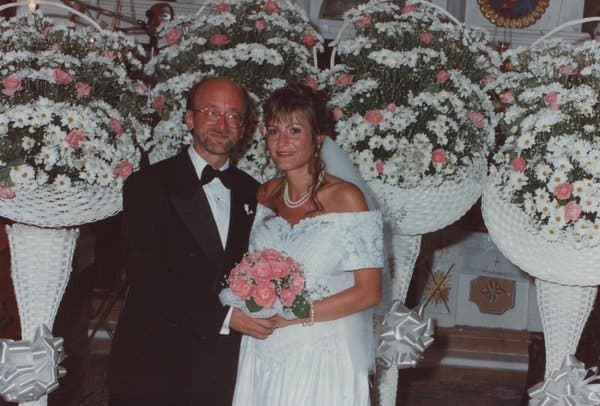 John Fazio and Abby Mouzakitis-Fazio on their wedding day in Agios Stefanos Avliotes, Greece, on Aug. 15, 1993.