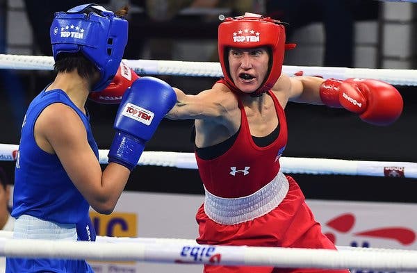 Fuchs, right, competing in the AIBA Women’s World Boxing Championships in 2018.