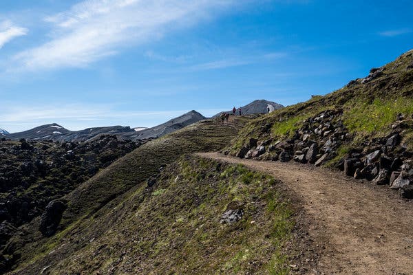 &ldquo;You can always turn around or dial 112 on your cellphone in an emergency,&rdquo; the warden told the writer before his journey. Above, the start of the Laugavegur Trail.