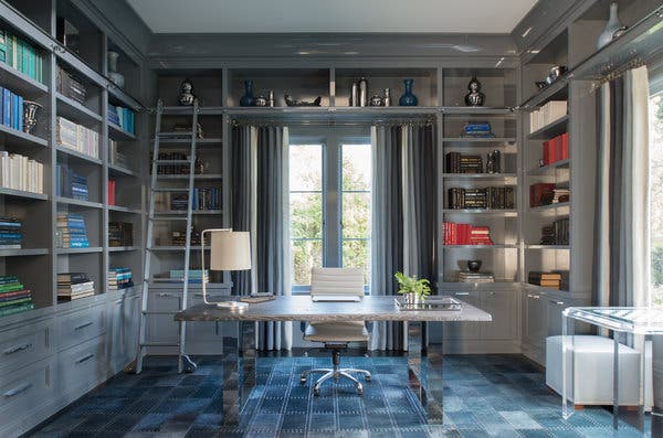 In a library in Greenwich, Conn., with casement windows, Michelle Morgan Harrison installed linen drapery in a blue-and-gray ombre, to complement the color of the walls.