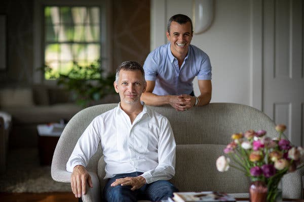 Daniel Heighes Wismer, left, a partner in the architecture and design firm Dufner Heighes, and his husband, Travis Wismer, bought and renovated a 1940s house in Sharon, Conn.