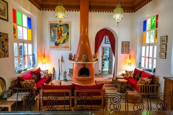 The lobby of Riad Watier, a century-old primary-school-turned guesthouse in Essaouira’s old quarter. One researcher estimates that almost 400 guesthouses in the area are expatriate-owned.