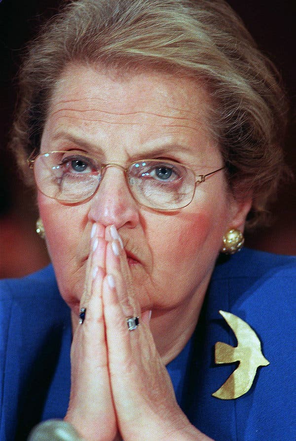 Madeleine K. Albright, wearing a peace dove brooch, during 1997 testimony on NATO expansion. Ms. Albright, then the United States secretary of state, was known for choosing her jewelry to match events or express opinions.