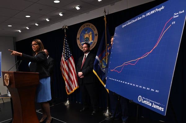 Letitia James, the New York attorney general, announcing the state’s lawsuit against the Sackler family at a news conference in March.