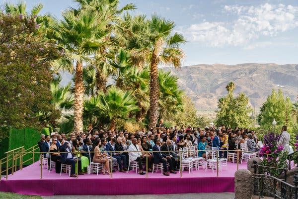The ceremony took place on the Victorian estate’s front steps, overlooking the Santa Clara River Valley.