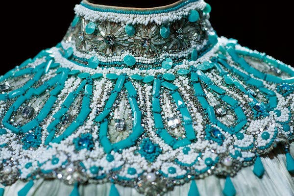 The collar of a Michael Travis gown embellished with multifaceted beads, 1968.