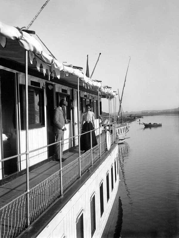 In the 19th century, boat trips on the Nile gained steadily in popularity among intrepid travelers; until around 1870, the trip could be a marathon. Above, cruising the Nile, circa 1890.