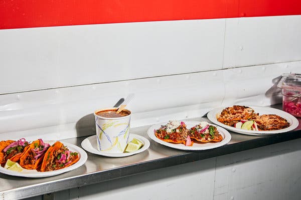 From left, birria de res is folded into tacos, sold in a cup as consom&eacute;, piled on tostadas and sandwiched inside mulitas.