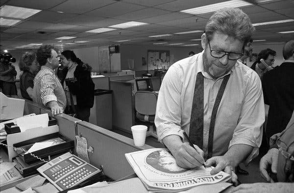 In 1993, Mr. Hamill continued to work as editor in chief of The New York Post despite his dismissal. He took control of the newsroom and lead the staff as they put out papers critical of the then-would be publisher, Abraham Hirschfeld.