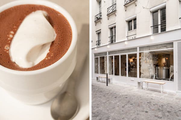Left: Plaq’s hot chocolate topped with whipped cream. Right: the brand’s Second Arrondissement storefront.