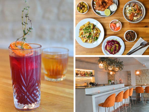 Clockwise from left: the Hot Mama cocktail, made from freshly pressed beets, Oaxacan mezcal, orange bitters and thyme; some of the shared plates on Dirty Lemon’s menu, including roasted cauliflower with smoked yogurt and fried bread and the tahini fries; a look at the space’s welcoming interior.