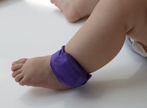 Tiny infant accelerometers placed around the ankle measure how much babies move.
