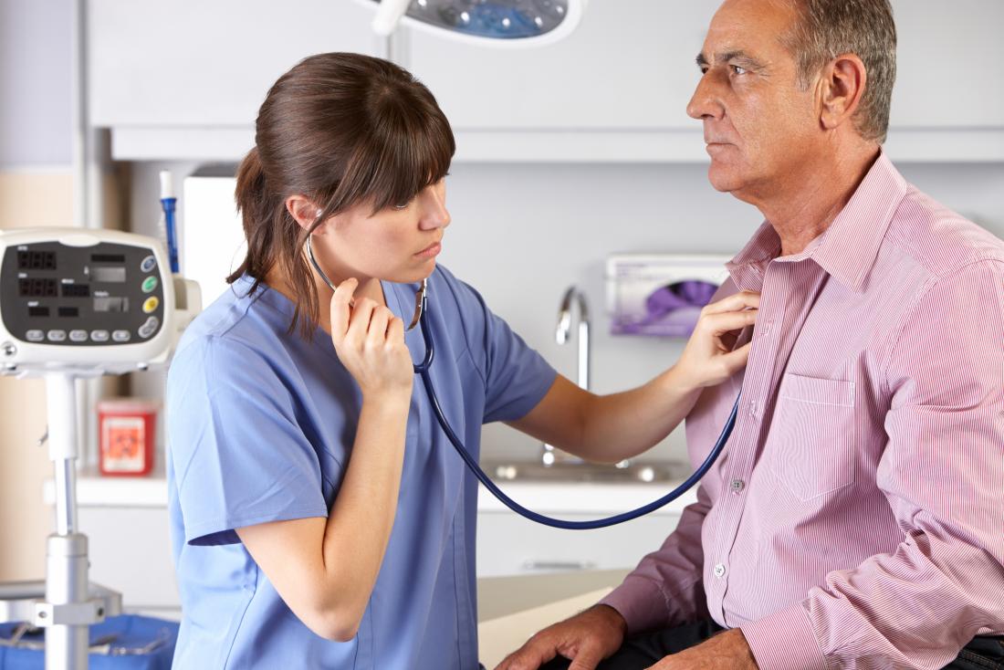 Female doctor using stethoscope to listen to breathing of senior male patient.