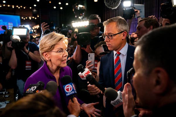 Senator Elizabeth Warren of Massachusetts spoke to reporters in the spin room after the debate on Wednesday night.