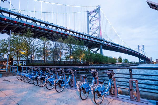 The bike-share station at Race Street Pier. Many attractions in Philadelphia can be handily visited on foot, by bike or mass transit. 
