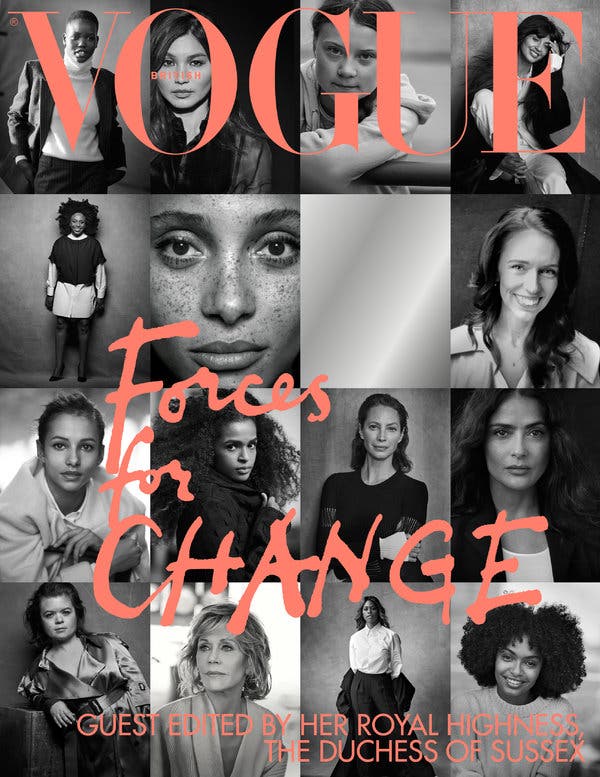 The cover, released Sunday evening, features 15 black and white photographs of women who are “trailblazing change makers, united by their fearlessness in breaking barriers,” according to a news release from Vogue’s publisher, Condé Nast.