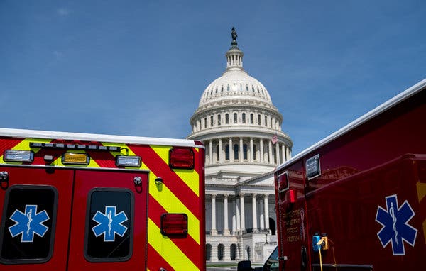 Ambulances parked in front of the Capitol in Washington.
