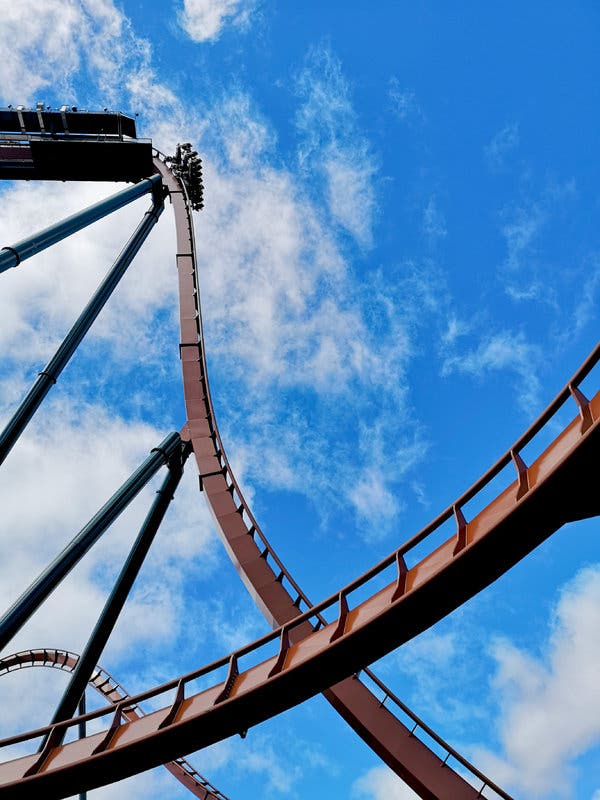 Guests pause at the top of Yukon Striker before being plunged into an underwater tunnel.