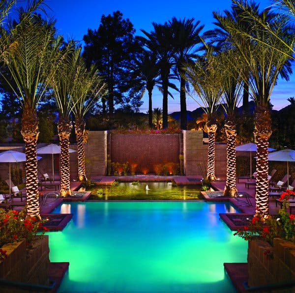 The Hyatt Regency Scottsdale Resort & Spa at Gainey Ranch, in Scottsdale, Ariz., has 10 pools, eight restaurants, a golf course and children’s activities, among other amenities. Above, the spa’s mineral pool.