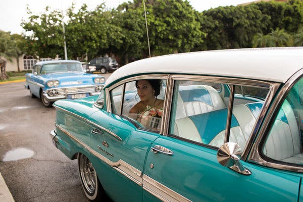 Ms. Fernandez rode in a Chevrolet Biscayne to the ceremony at the Havana resort Club Habana.