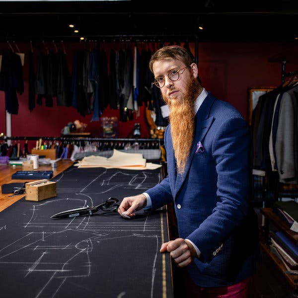 Yosel Tiefenbrun in his bespoke tailor shop. 