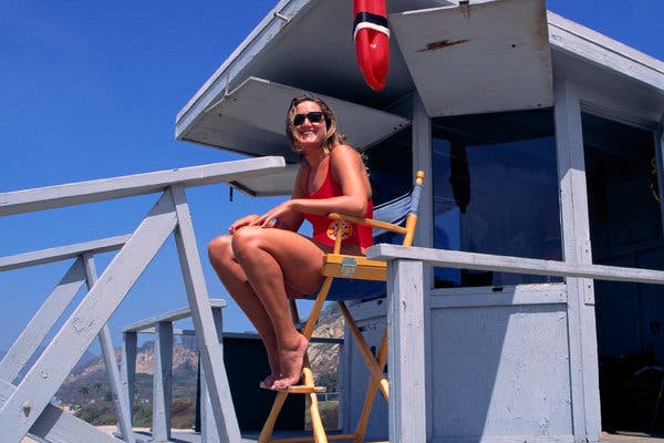 A lifeguard station on the beach at Santa Monica, Calif., the setting of”Baywatch.” The swimsuits were based on what real lifeguards wore, in the signature red color.