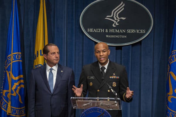 “This ain’t your mother’s marijuana,” said Surgeon General Jerome Adams, right, at a news conference with Alex M. Azar II, the secretary of health and human services, on Thursday as they warned against the health risks for pregnant women and teenagers. 