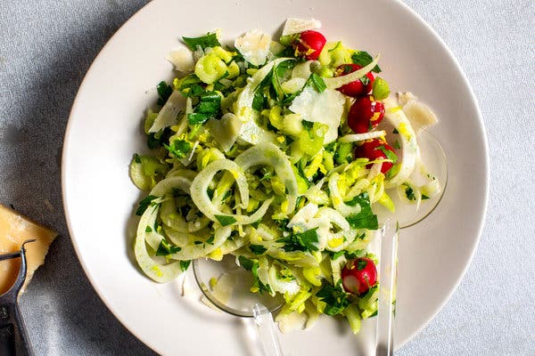 This crisp salad of shaved fennel and celery offsets the polenta’s richness.
