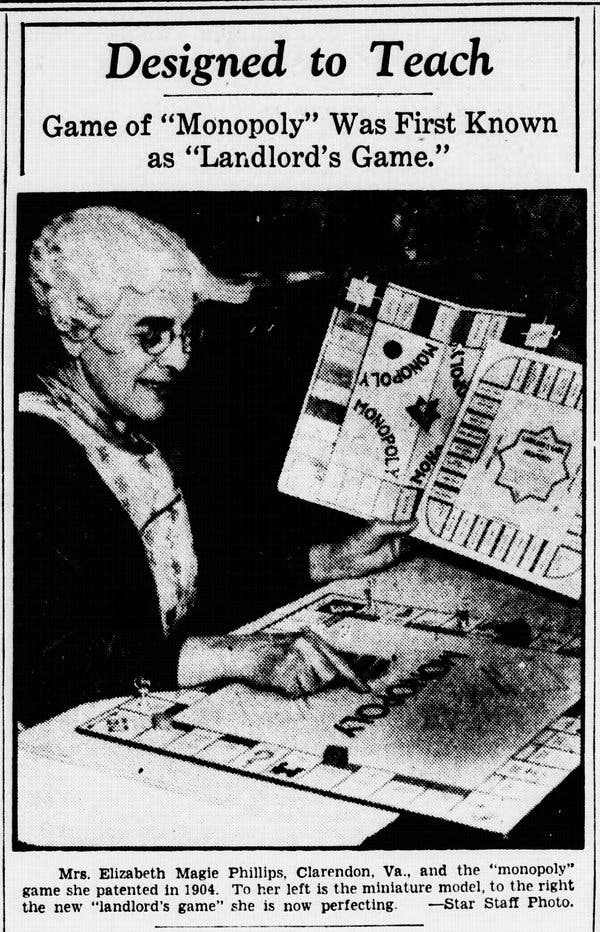 Lizzie Magie with versions of Monopoly Boards and of The Landlord’s Game.