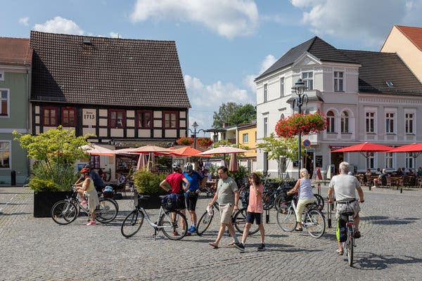 The central square in L&uuml;bbenau, which cyclists and tourists pass through on their way to the canals and the main harbor.