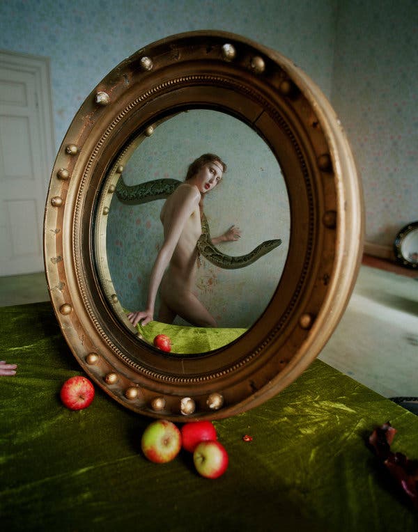Cierra Skye, apples and serpent reflected in mirror, Eglingham Hall, Northumberland, 2015.