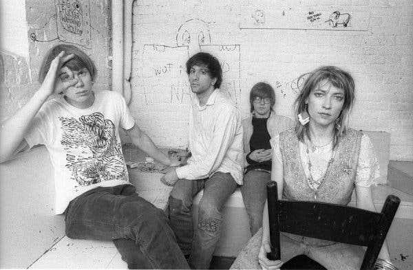 Sonic Youth backstage at the Paradiso music hall in Amsterdam in 1986. From left, Thurston Moore, Lee Ranaldo, Steve Shelley and Kim Gordon. 