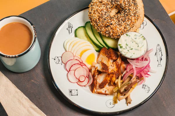 A smoked sable platter at Button &amp; Co., which includes sumac-rubbed smoked fish, ramp cream cheese and a bagel that is baked and boiled with sorghum syrup.