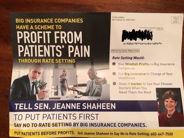 A piece of direct mail recently sent to voters in New Hampshire by Doctor Patient Unity. The group has also run ads on television and on social media.