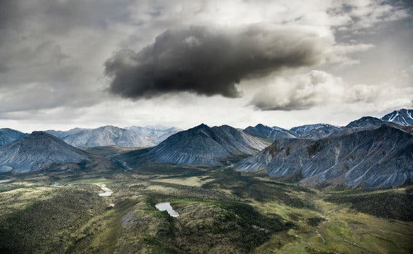 Aerial view of the southern edge of the Brooks Range mountains.