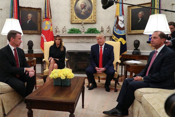 From left, Dr. Norman Sharpless, the acting F.D.A. commissioner, Melania Trump, President Trump and Alex M. Azar II, the health and human services secretary, discussing flavored e-cigarettes in the Oval Office on Wednesday.