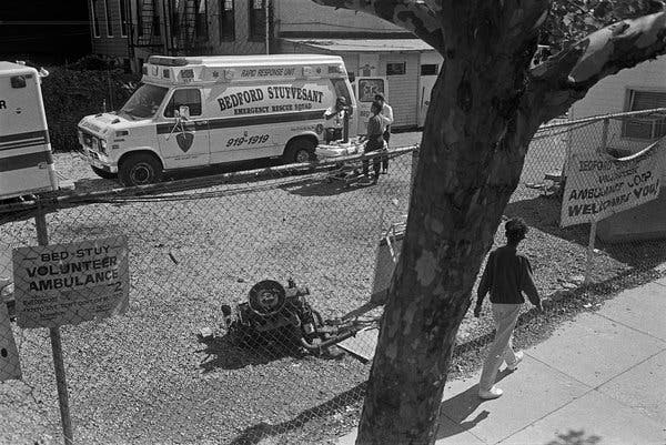 The volunteer ambulance corps in Bedford-Stuyvesant in 1993. On its first day of operation with an ambulance the corps treated 10 people at the scene of a fire. On the second day, members of the corps delivered a baby.