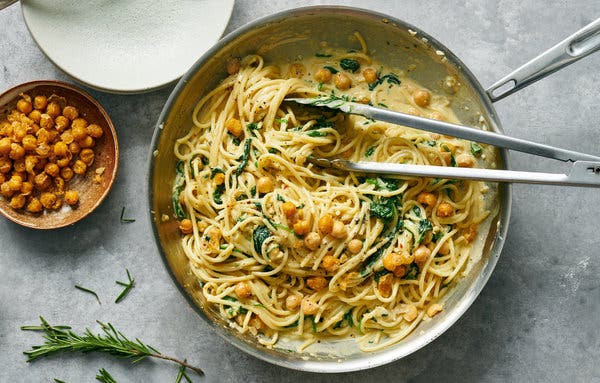 Alexa Weibel’s creamy chickpea pasta with spinach and rosemary.