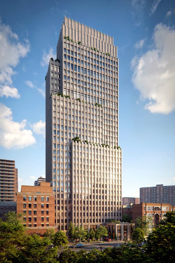 A rendering of the Vandewater, a new tower in Morningside Heights that is designed to evoke the limestone structures of the last century.