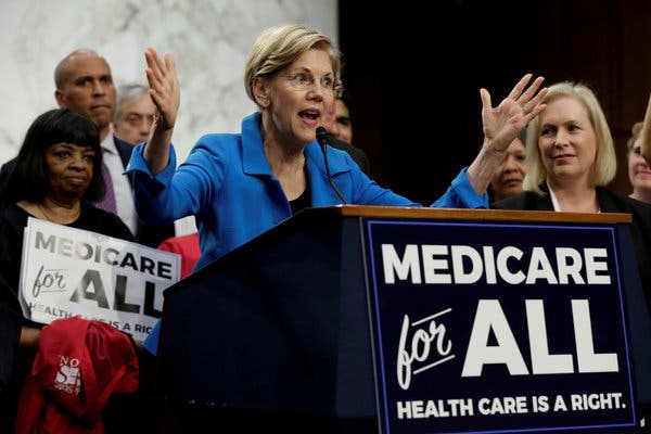 Elizabeth Warren at an event two years ago in support of the “Medicare for All Act of 2017.” Bernie Sanders introduced the bill. 